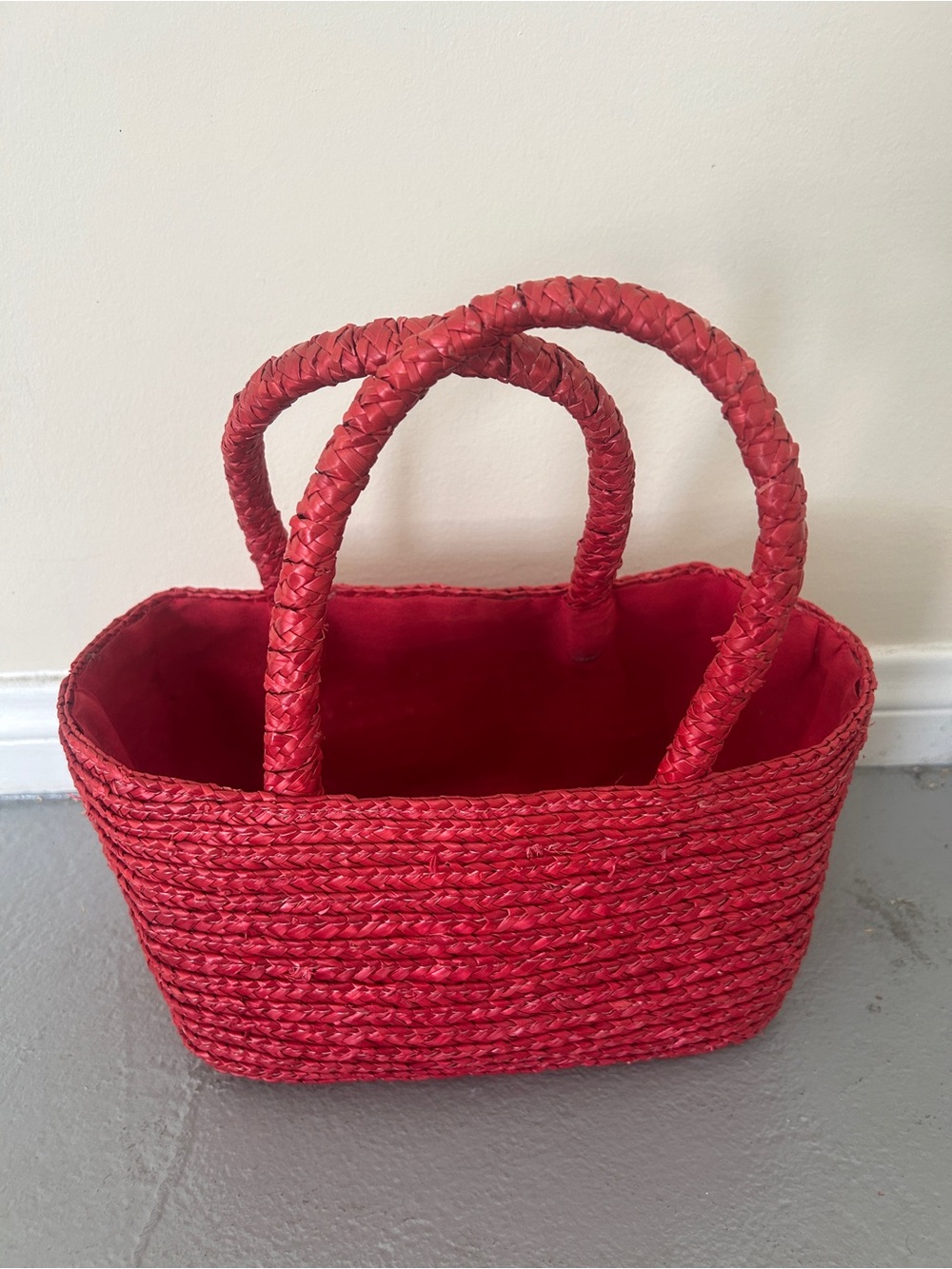 Red Braided Straw Tote Bag